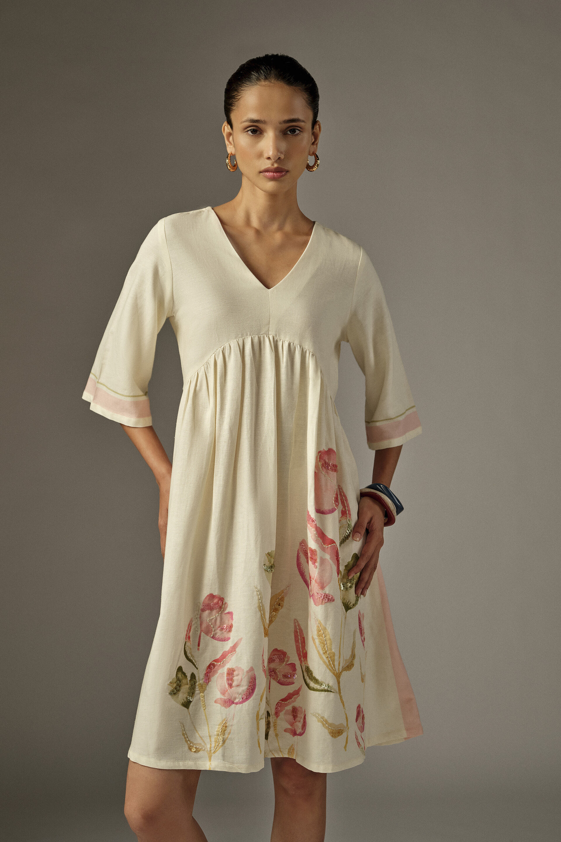 Floral Sequin Mini Dress in Cream, White, image 1
